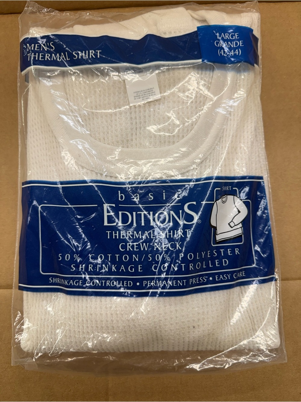 Basic Editions Men's White Thermal Crew Neck Shirt - Large Vintage Brand New